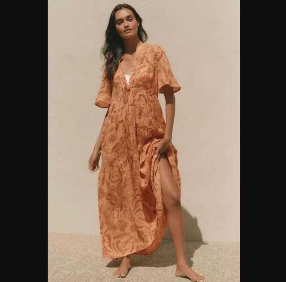 Anthropologie Somerset Maxi Dress Orange Woodblock Floral Tiered Size M